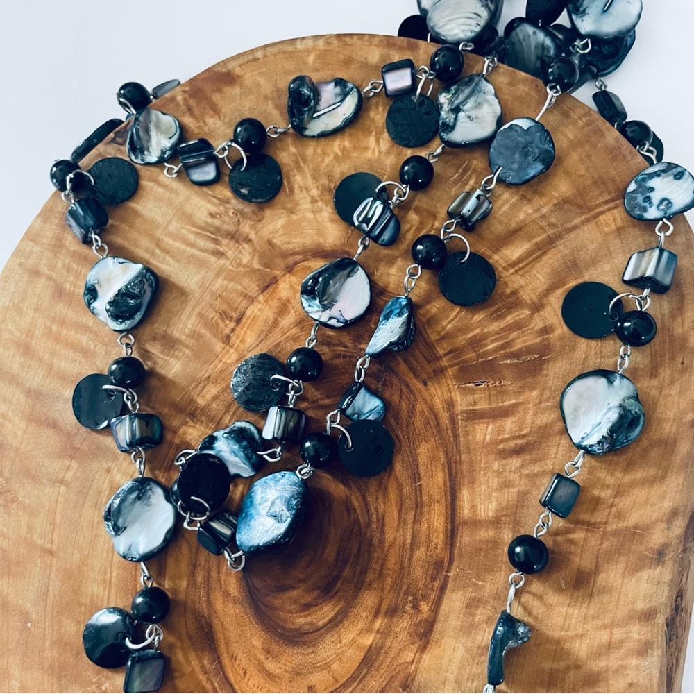 Necklace Glass, Stone and Shell Silvertone Xtra long 30” Link Chain